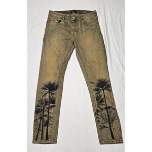 Purple Brand Slim Jeans Mens 34 Brown Palm Tree Graphic Dirty Wash Streetwear